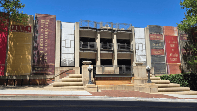 Noteworthy books are a design element of the parking garage next to the Kansas City Public Library in downtown.