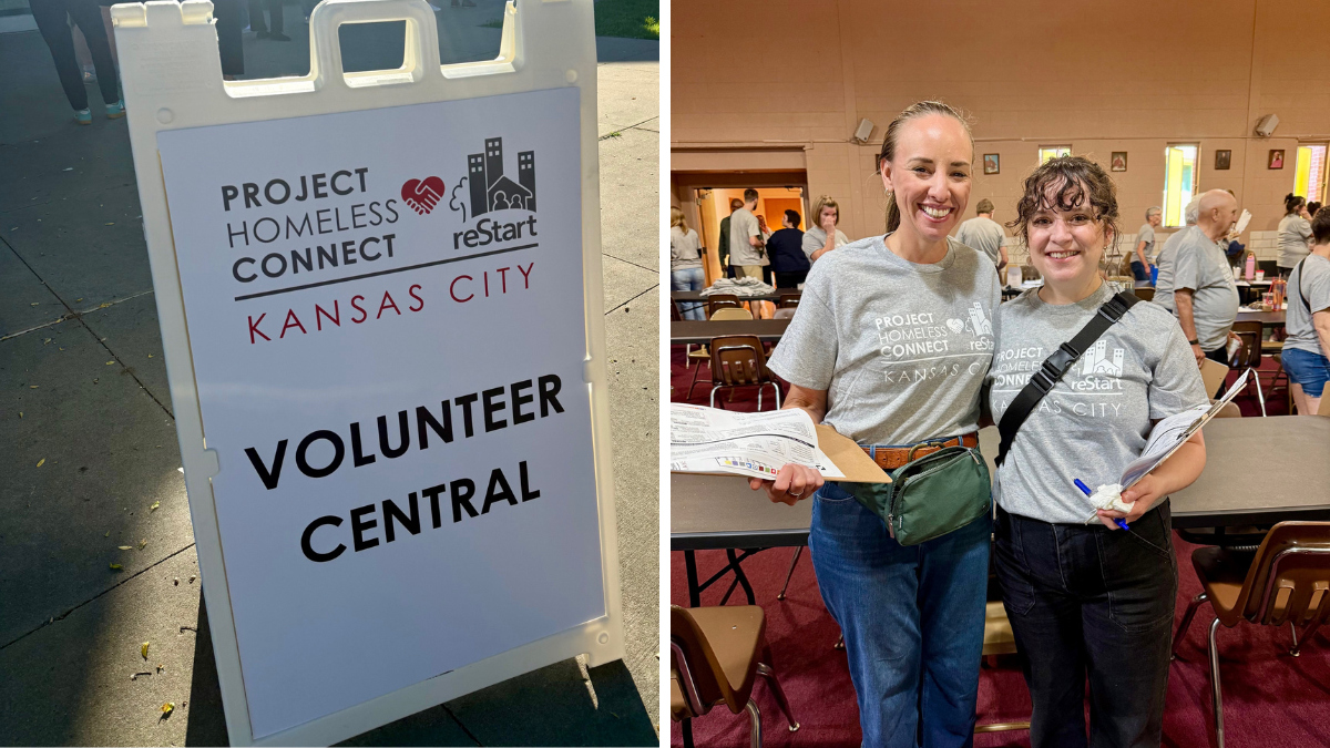 Volunteer central sign for Project Homeless Connect KC (left). Stephanie Campbell and Hilary Becker after volunteer training (right)