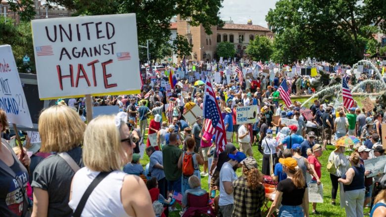 Thousands of protestors filled Mill Creek Park and the surrounding street corners on June 14, 2025 as part of a nationwide “No Kings” protest.