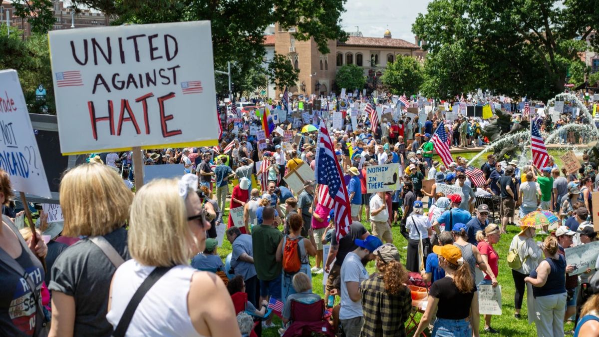 Thousands of protestors filled Mill Creek Park and the surrounding street corners on June 14, 2025 as part of a nationwide “No Kings” protest.