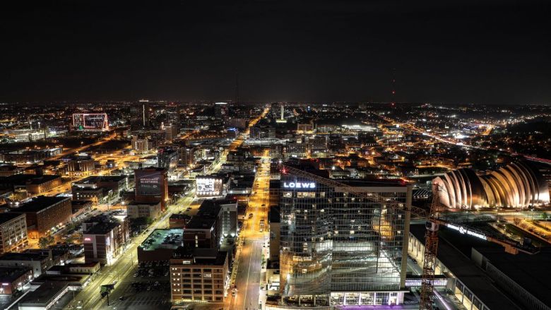 South-facing photo of the Kansas City skyline at night