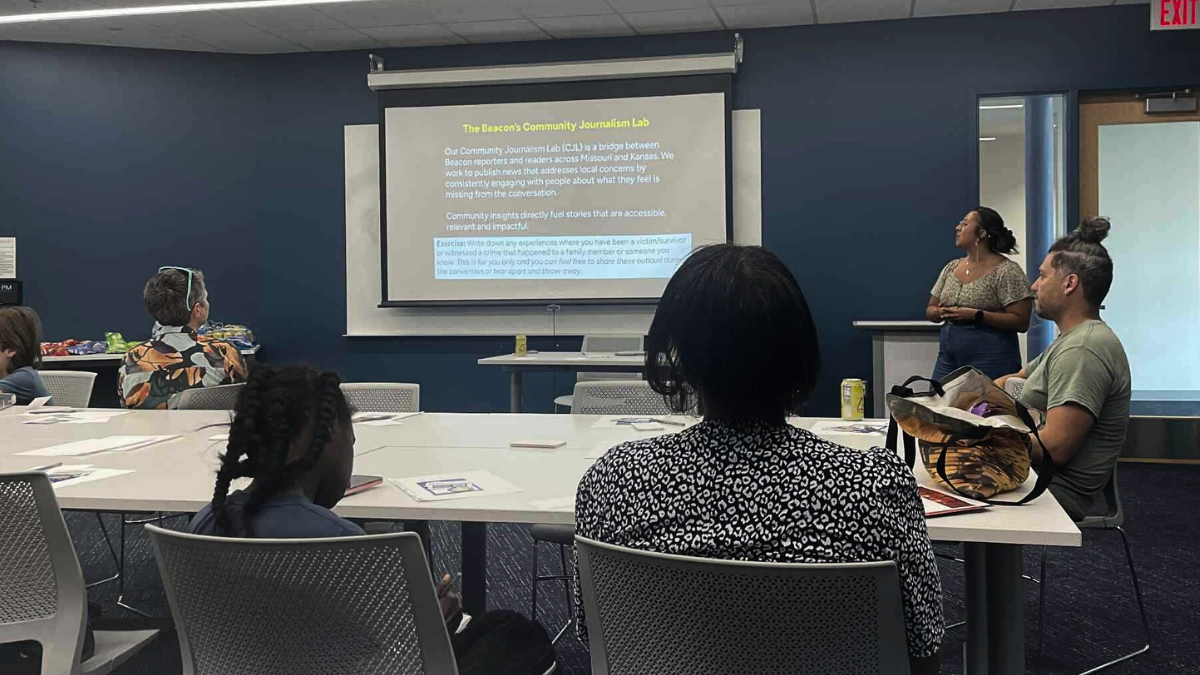 Community members gathered at the Kansas City Public Library's North-East Branch learning about The Beacon's Community Journalism Lab.