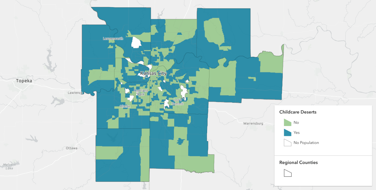 A map of child care deserts in the Kansas City area.
