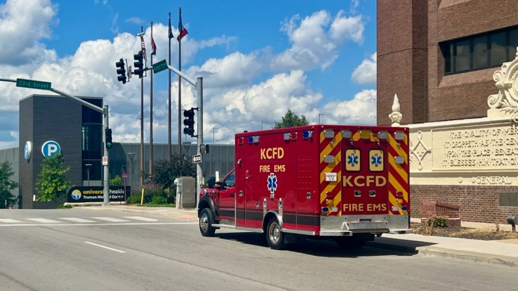 An ambulance parked in front of University Health's downtown hospital.