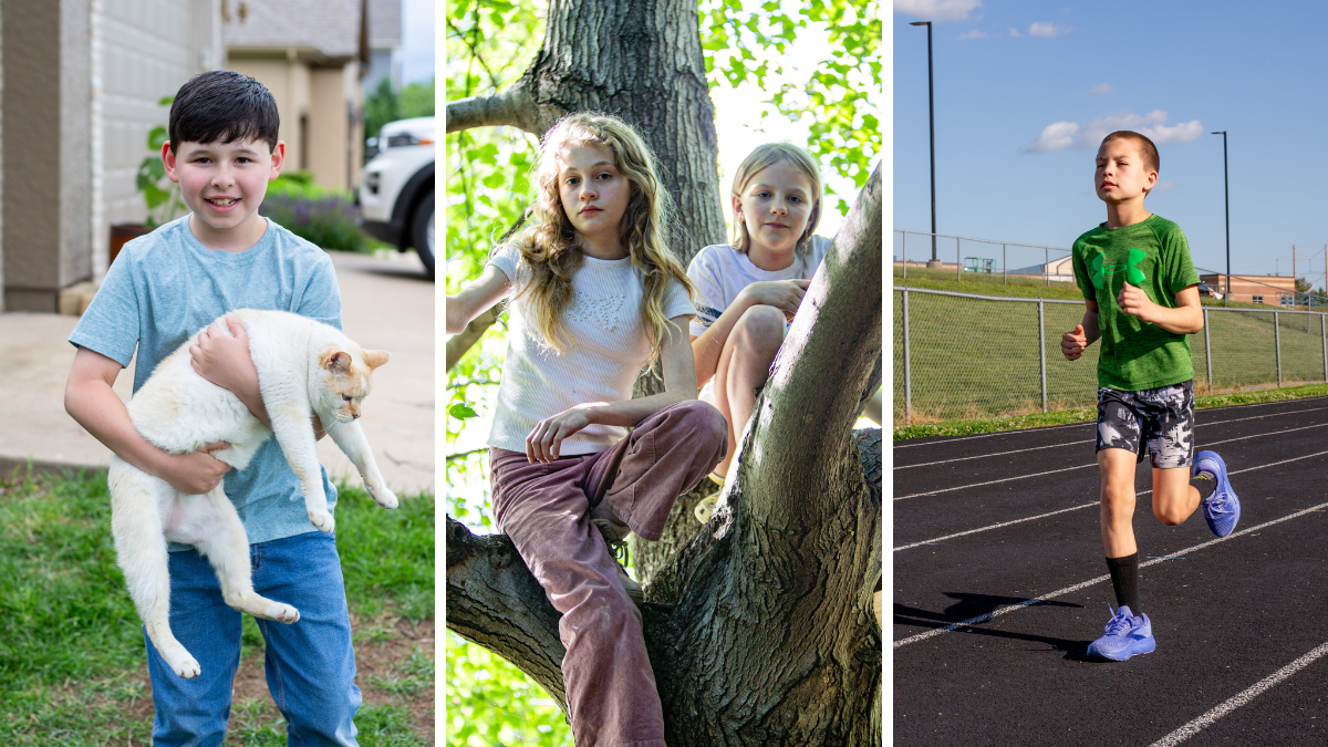 A triptych of children. Boy on left holds a dog; two girls sit in a tree in middle image; boy runs on right