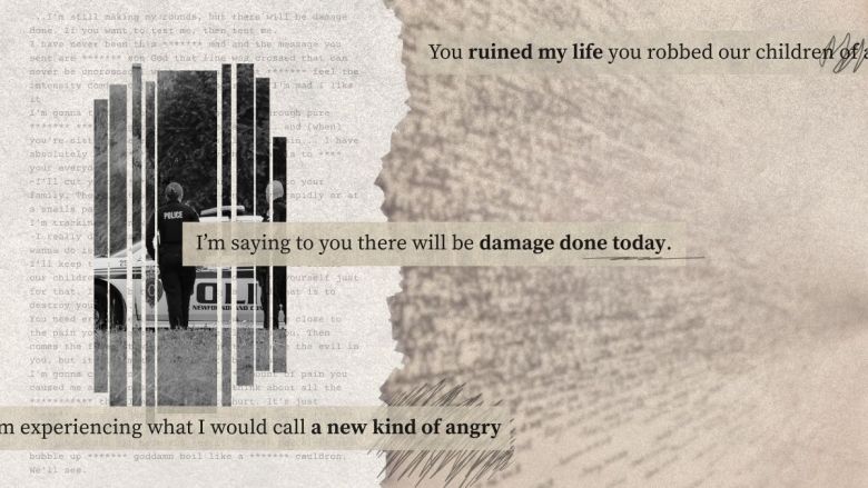 A photo illustration showing Christopher Koch's emails. Three lines from emails are highlighted. The first one says, "You ruined my life you robbed our children of," before it's cut off. The second one says, "I'm saying to you there will be damage done today." And the third one says, "I'm experiencing what I would call a new kind of angry."