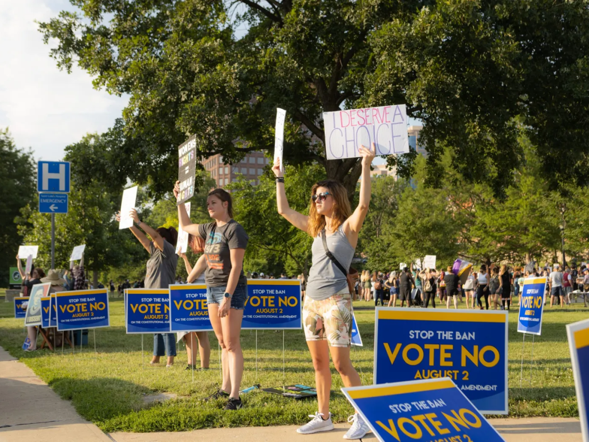 A protest before the 2022 election on abortion. Protestors are holding up a sign saying "I deserve a choice." They stand in front of "vote no" yard signs.