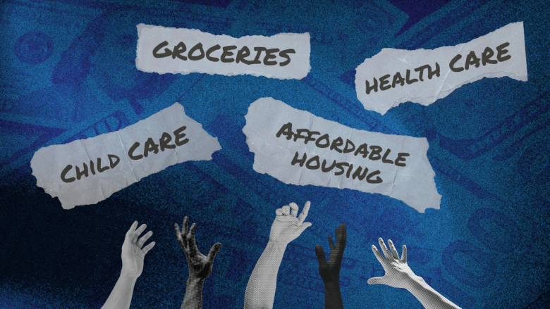 Illustration showing five hands reaching upward toward torn paper strips labeled "Groceries," "Health Care," "Child Care," and "Affordable Housing" against a dark blue textured background with faded $100 bills.
