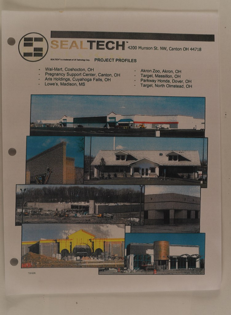 Promotional material provided by Raymond Williams shows commercial buildings where U.S. Technology’s “SEALTECH” blocks, made with 10% recycled sandblasting powder, were used.