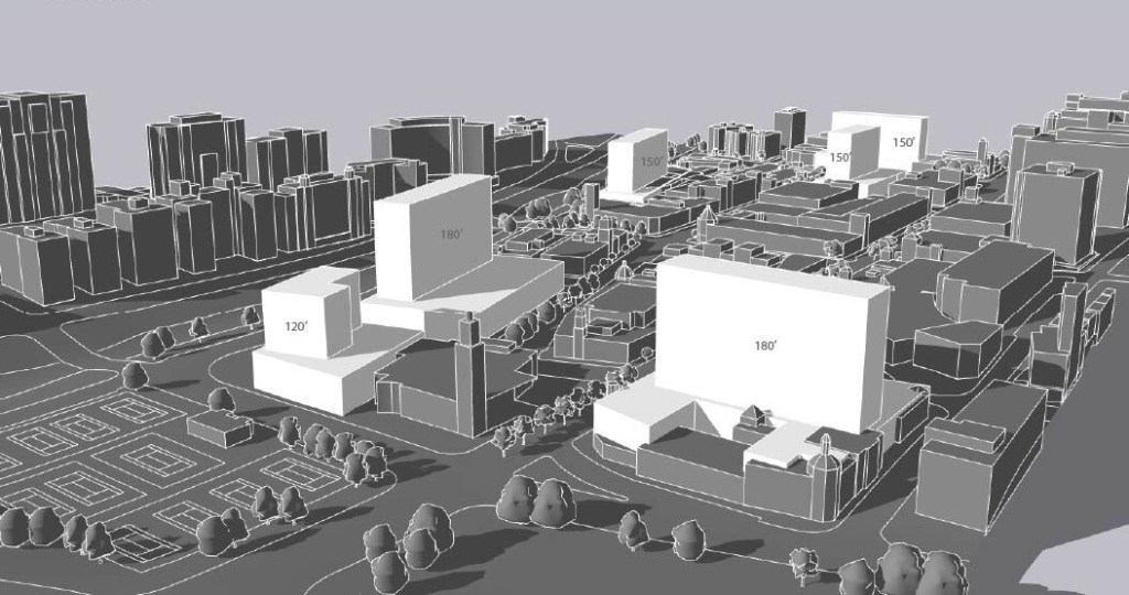 A basic black-and-white rendering with white boxes demonstrating the proposed build heights