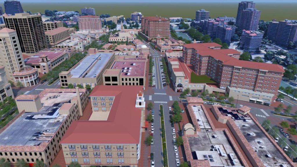 A rendering showing taller buildings on the Country Club Plaza.