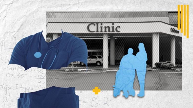 A photo illustration of a clinic with patients standing outside. An outline of scrubs a nurse would wear is in the foreground.