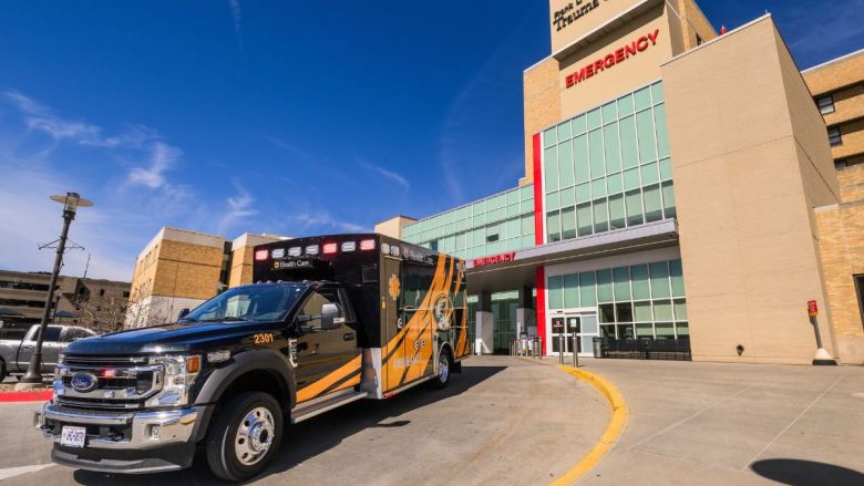 An ambulance outside of MU Health Care's trauma center. Severe bleeding is the top cause of preventable death in trauma patients. But most emergency responders don’t have the resources to give a blood transfusion at the scene of a crash.