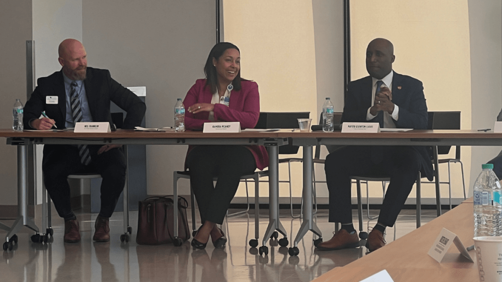 Wil Franklin, CEO of KC Care, Kamera Meaney, chief health policy and government relations officer at University Health, and Kansas City Mayor Quinton Lucas at a March 20 roundtable discussion about Kansas City's safety net.
