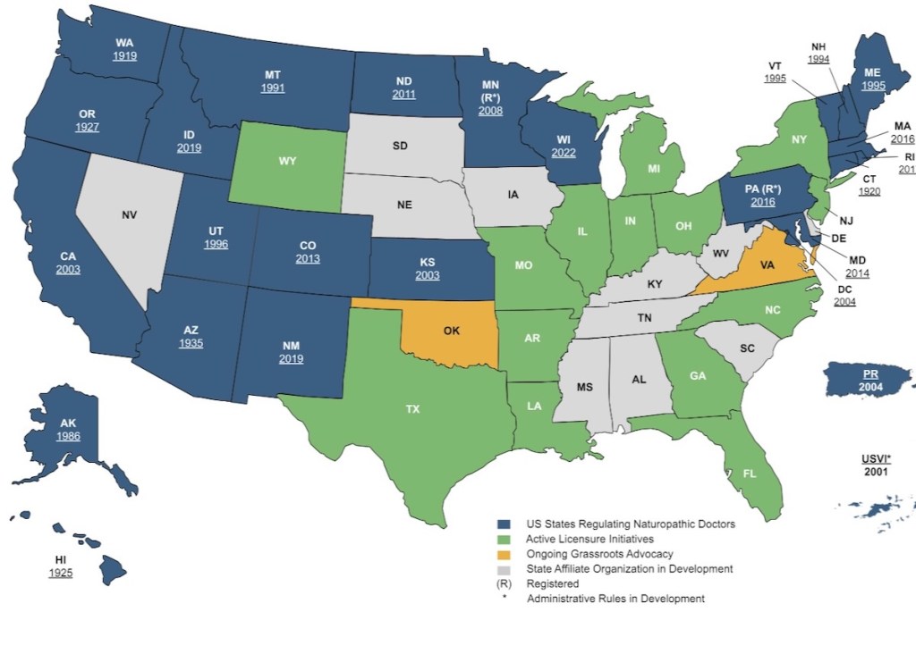 A map showing how naturopathic doctors are regulated across the United States.