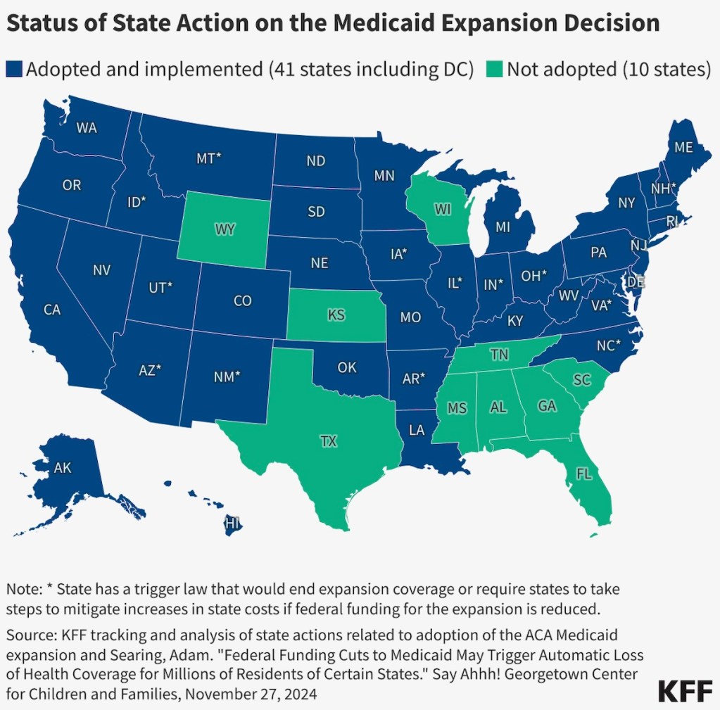Map that shows states that have adopted Medicaid expansion.