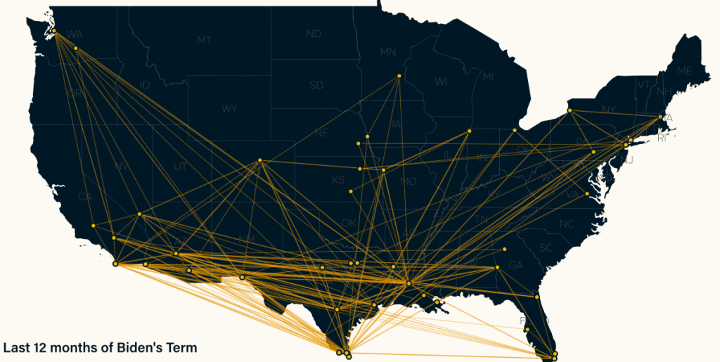 A map depicting ICE Air Operations deportation flights during the last 12 months of the Biden administration.