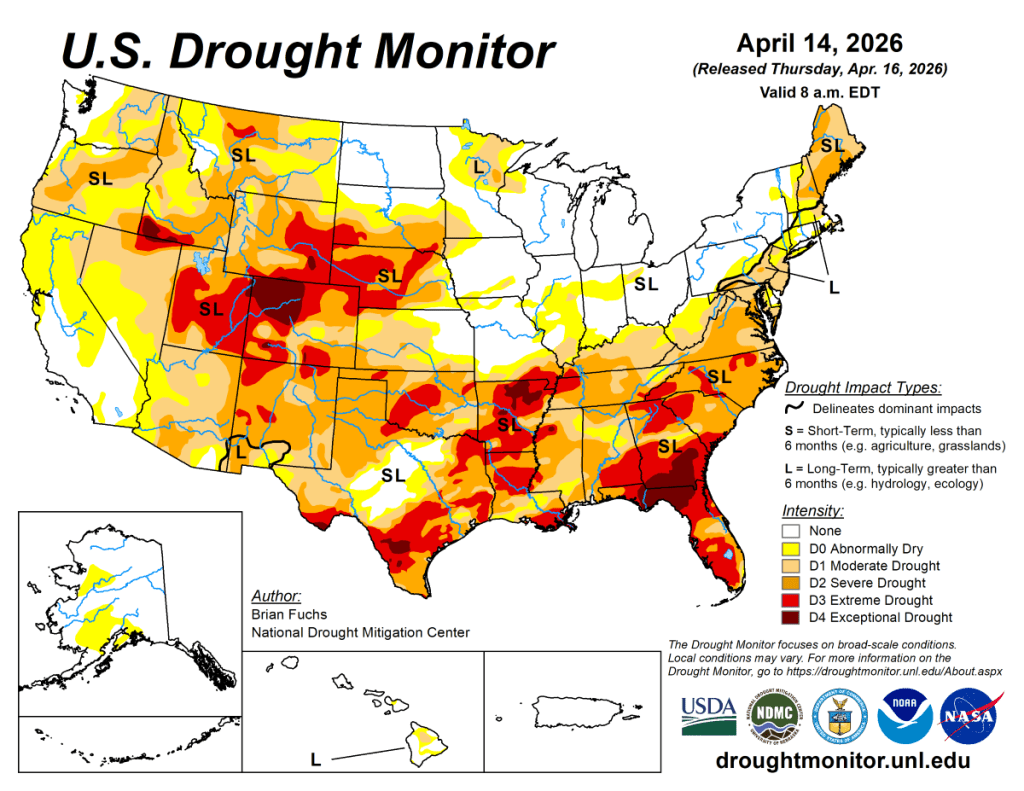 U.S. Drought Monitor map as of April 14, 2026.