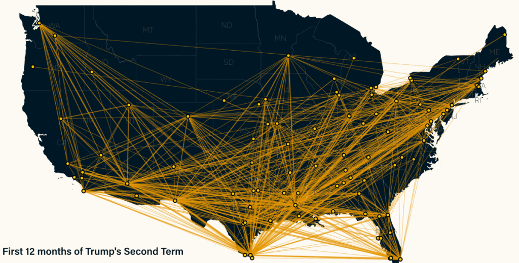 This map depicts ICE Air Operations deportation flights during the first 12 months of the second Trump administration.