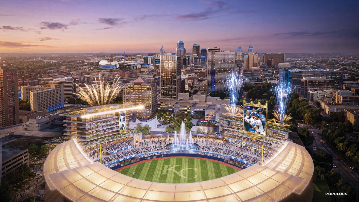 A rendering of the proposed ballpark with the Kansas City skyline in the background.