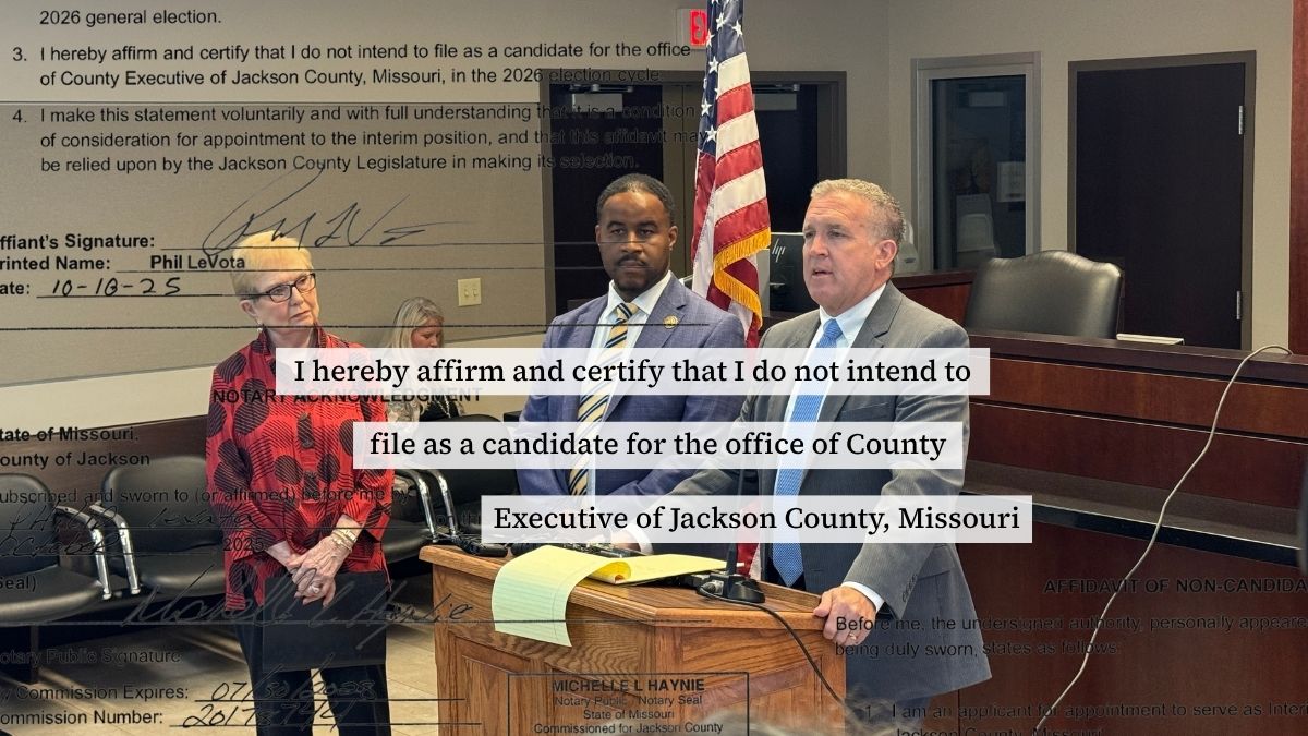 Phil LeVota speaking at a podium, with DaRon McGee and Kay Barnes to his right. Text is overlaid on top of the photo, saying "I hereby affirm and certify that I do not intend to file as a candidate for the office of County Executive of Jackson County, Missouri."