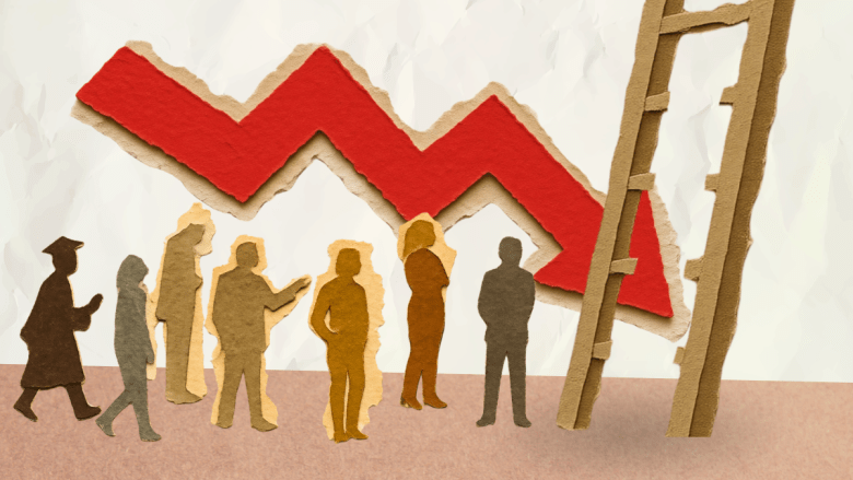 Illustration in a torn-paper collage style showing silhouettes of young people, including one in a graduation cap, standing beneath a large red downward-trending arrow. A ladder leans against the right side of the image, suggesting an elusive path upward.