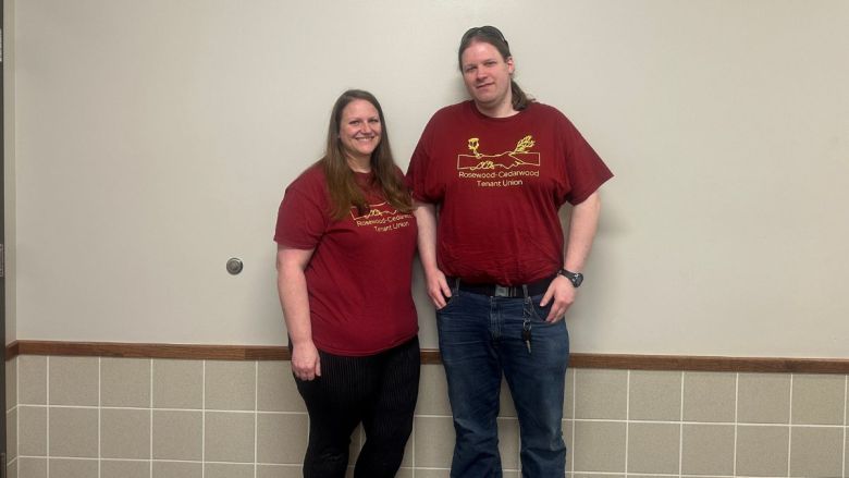 Bradley Breier and Emily Hester, members of the Rosewood-Cedarwood Tenants Union, smile for a photo in the Greene County Courthouse. Tenants unions are forming across Missouri as renters face rising housing costs, affordable housing shortages and unlivable conditions.