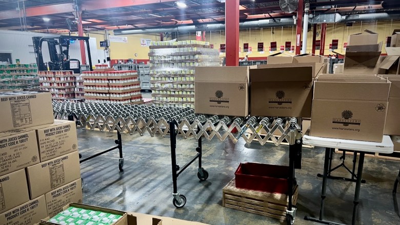 Pallets of food inside Harvesters' warehouse at 3801 Topping Ave. in Kansas City.