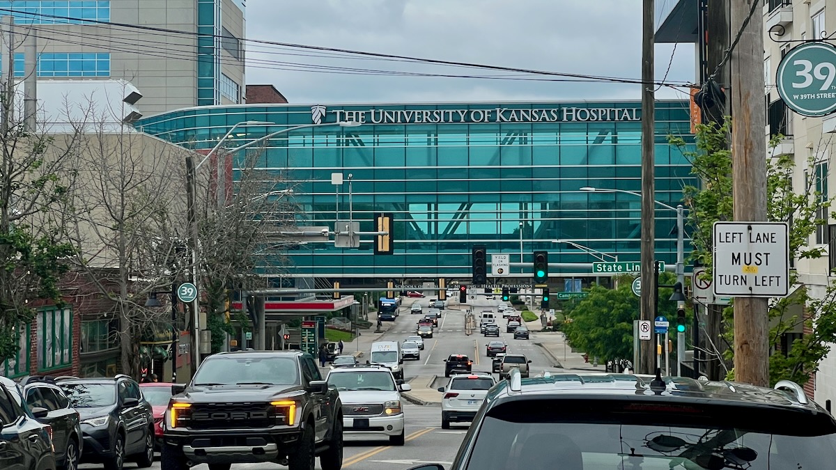The University of Kansas Health System campus looking west on 39th Street.