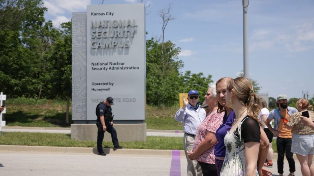 Protesters at the National Security Campus property line.