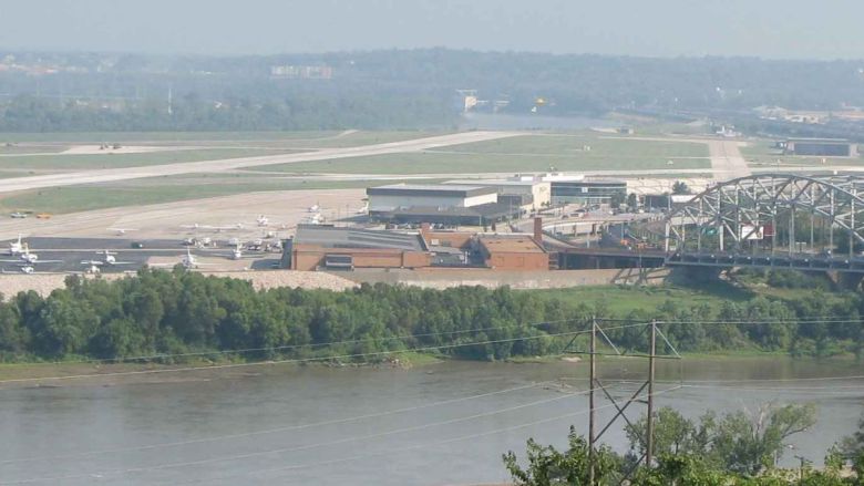 Aerial view of Kansas City's downtown airport looking north across the Missouri River.