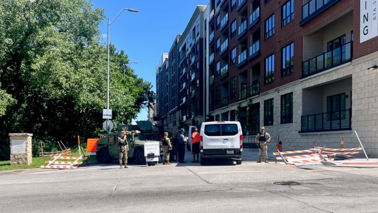 A security check point off 31 Street restricting access to the grounds of the Liberty Memorial where the FIFA Fan Festival is being held.