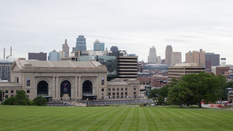 The downtown Kansas City skyline as viewed from Penn Valley Park.