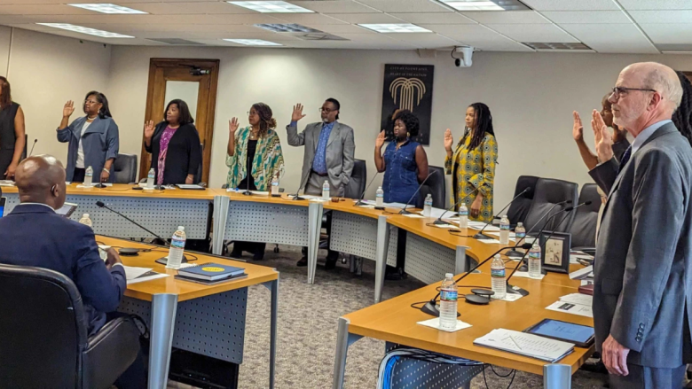 Members of the Mayor's Commission on Reparations were sworn in on Tuesday, May 23, to begin studying the impacts of slavery and decades of racial segregation on Black residents of Kansas City. (Lawrence Brooks IV/KCUR 89.3