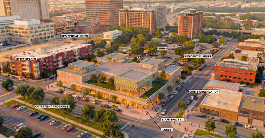 This concept rendering shows how a standalone community resource center offering outpatient care and social services could look at 10th and Holmes streets in Kansas City's East Village area. (Credit: City of Kansas City)